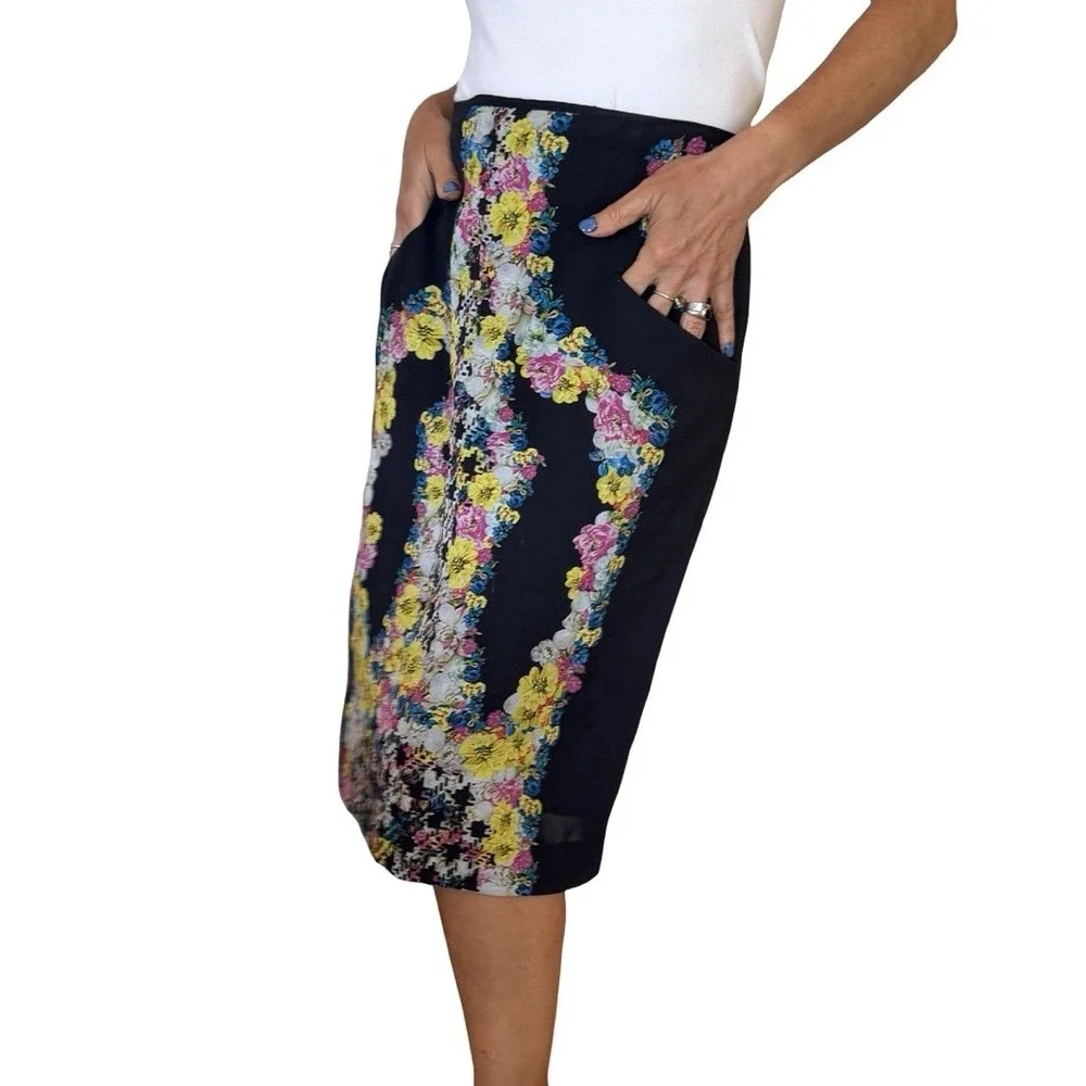 Erdem Skirt Women's 12 Pencil Silk Black Floral Digital Whimsical Dark Romance